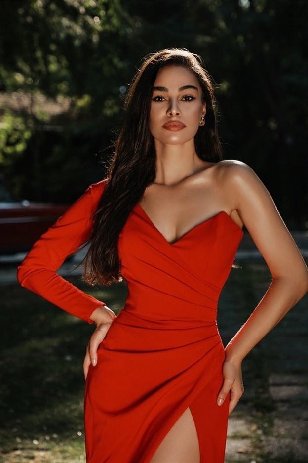 Charming Red Evening Dress Prom Dress Charmeuse One Shoulder with Slit Pleated BM bride