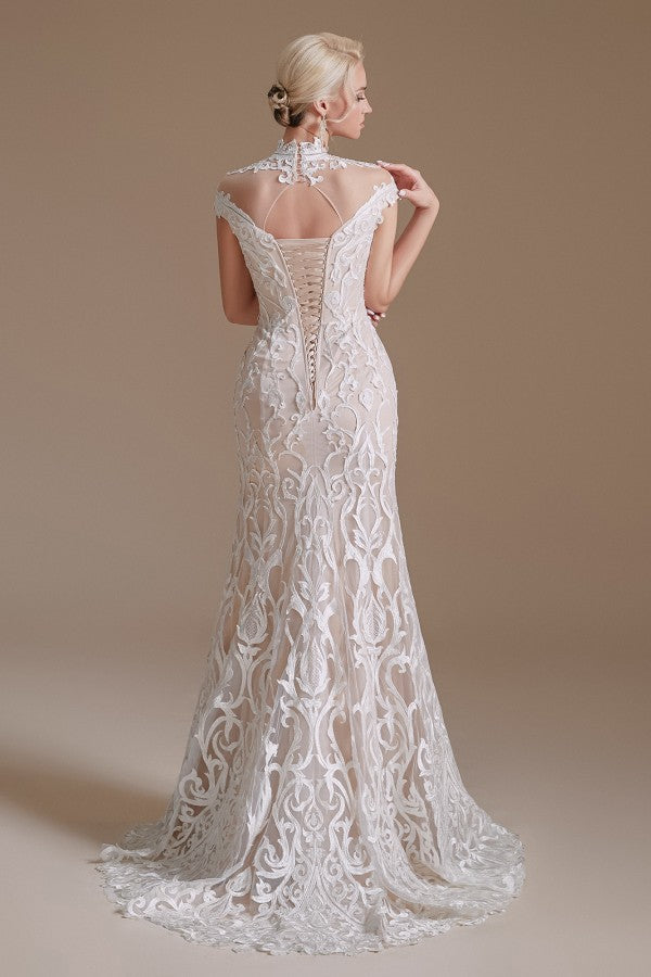 Sleeveless Mermaid Wedding Dress High-neck Lace With Sleeves BM bride