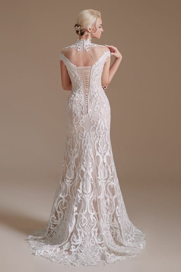 Sleeveless Mermaid Wedding Dress High-neck Lace With Sleeves BM bride