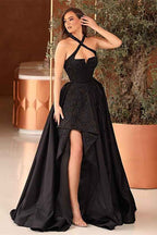 Black A Line Halter Sleeveless Long Prom Dress With Appliques For Party