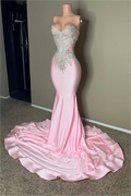 Stunning Pink Sleeveless Strapless Mermaid Long Prom Dress With Embroidery BMBRIDE