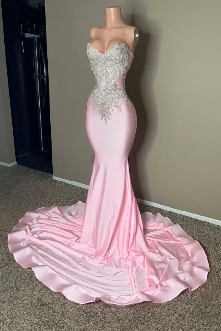 Stunning Pink Sleeveless Strapless Mermaid Long Prom Dress With Embroidery BMBRIDE