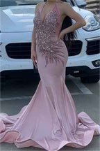 Dusty Rose Halter Sleeveless Long Mermaid Prom Dress with Flower Appliques