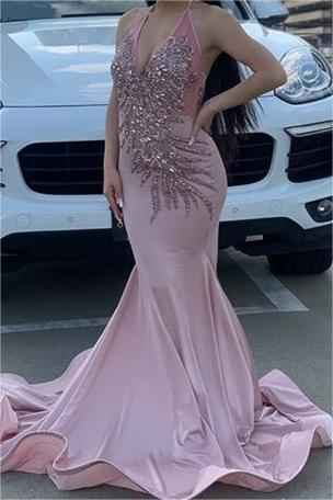 Dusty Rose Halter Sleeveless Long Mermaid Prom Dress with Flower Appliques