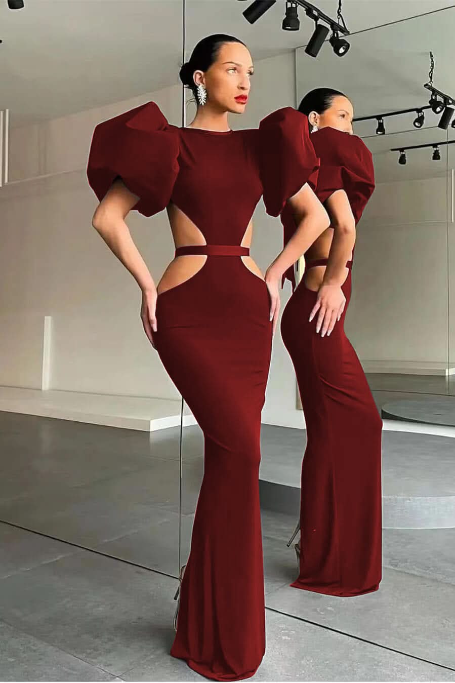Black Shiny Mermaid Puff Sleeves Evening Dress Online BM bride