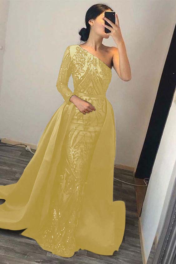 Dark Green Overskirt One Shoulder Long Sleeve Mermaid Prom Dress With Sequins BMBRIDE
