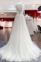 V-Neck Sleeveless Long A-Line Tulle Wedding Dress with Lace Ruffles BM bride