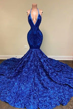 Royal Blue Sleeveless Halter Mermaid Prom Dress with Sequins and Floral Bottom BM bride