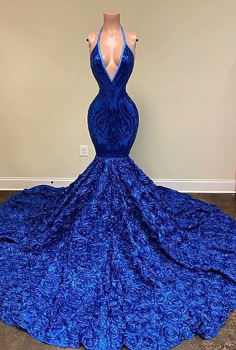 Royal Blue Sleeveless Halter Mermaid Prom Dress with Sequins and Floral Bottom BM bride