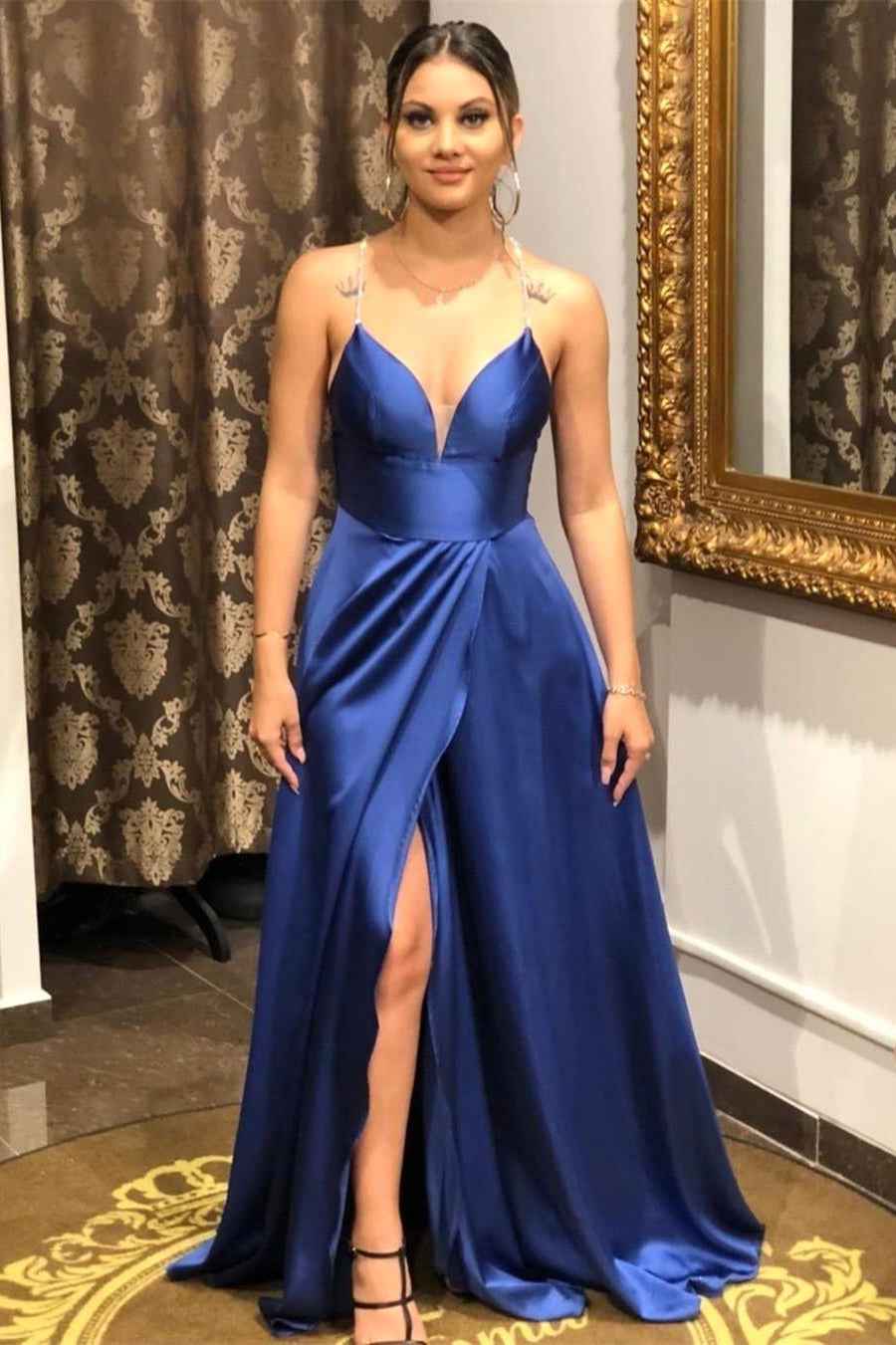 Chic Long Royal Blue Sleeveless Prom Dress Spaghetti Strap With Front Split
