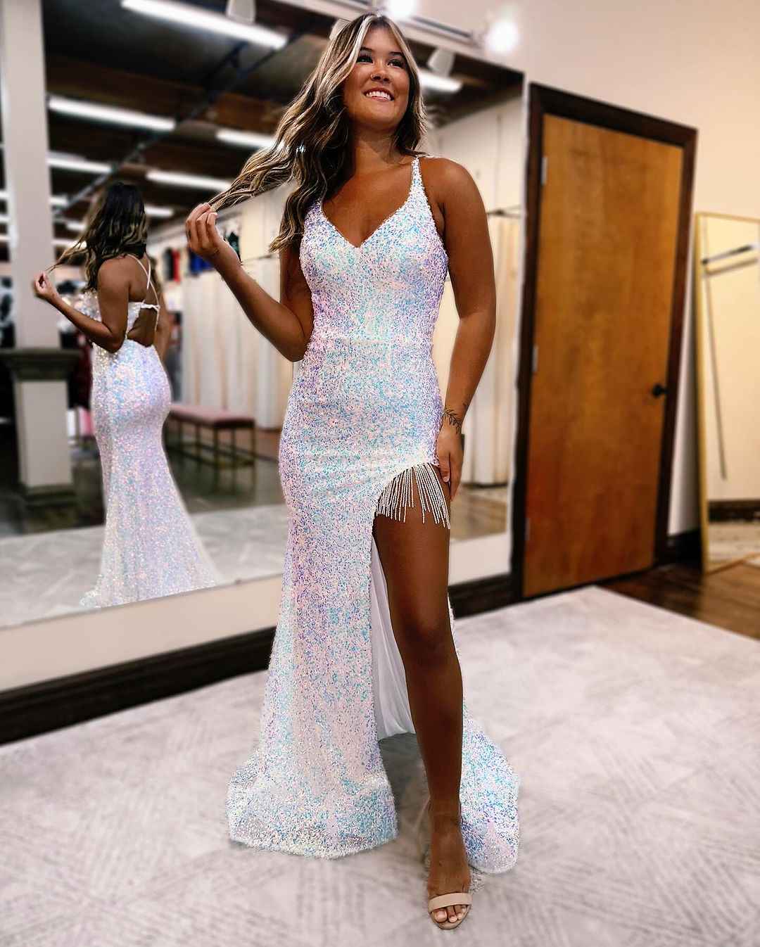 Sparkling Purple Sequin Prom Dress Sleeveless Slit Spaghetti Strap