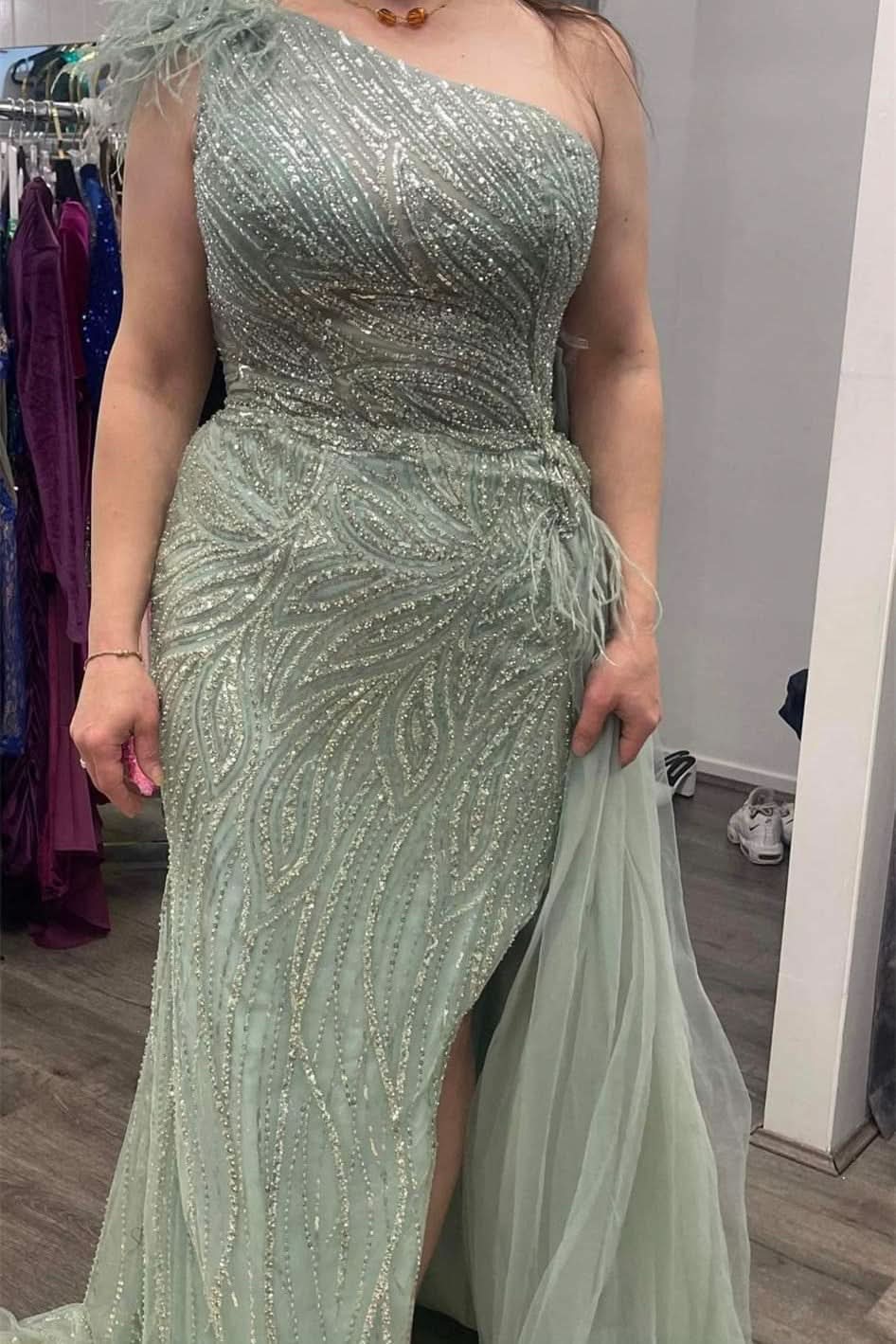 Dusty Sage One-Shoulder Mermaid Evening Dress with Beading Slit BM bride