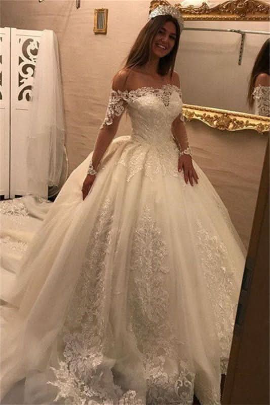 Off-the-Shoulder Long Sleeve Ball Gown Wedding Dress with Lace Appliques BM bride