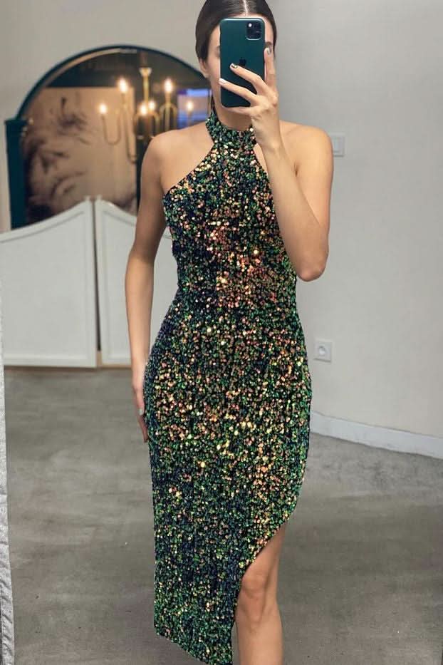 Elegant Halter Sequined Mermaid Prom Dress BM bride