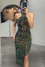 Halter Sleeveless Short Elegant Prom Sequins Dress With Side Split Online