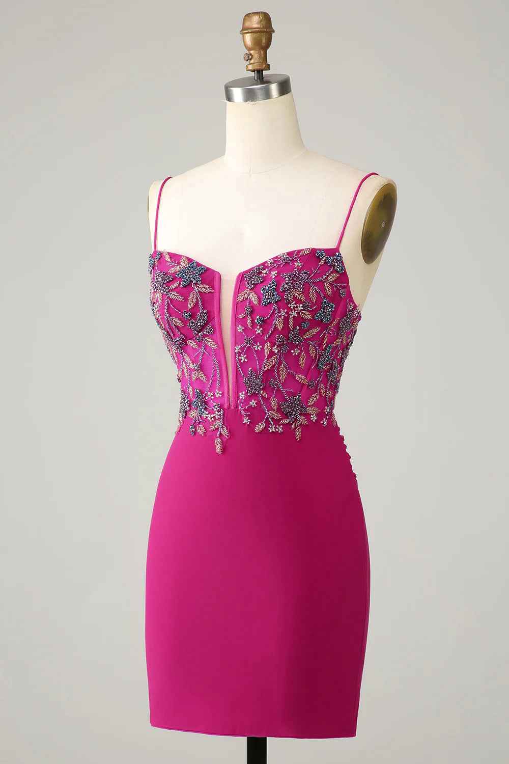 Sparkly Purple Beaded Spaghetti Straps Corset Tight Short Homecoming Dress