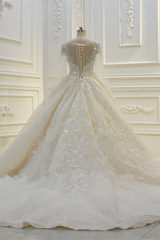 Bateau Long Sleeve Beaded Ball Gown Wedding Dress with Lace Appliques BM bride