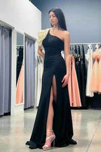 One Shoulder Sleeveless Long High Split Prom Dress With Beading