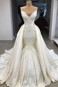 Detachable Skirt Spaghetti Strap Mermaid Wedding Dress with Ruffle Appliques BM bride