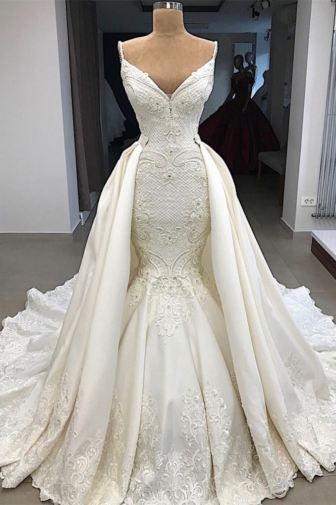 Detachable Skirt Spaghetti Strap Mermaid Wedding Dress with Ruffle Appliques BM bride