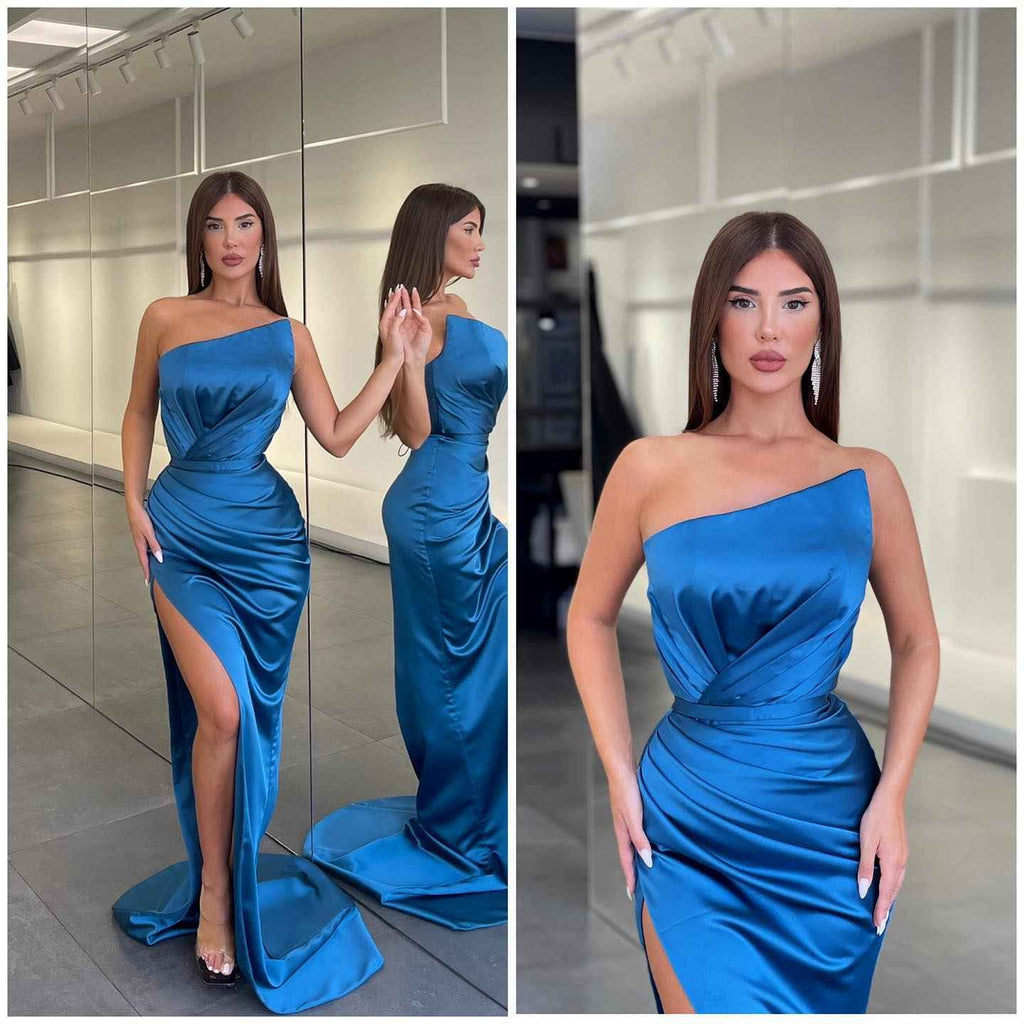 Charming Ocean blue Sleeveless Pleated Long Prom Dress With Split