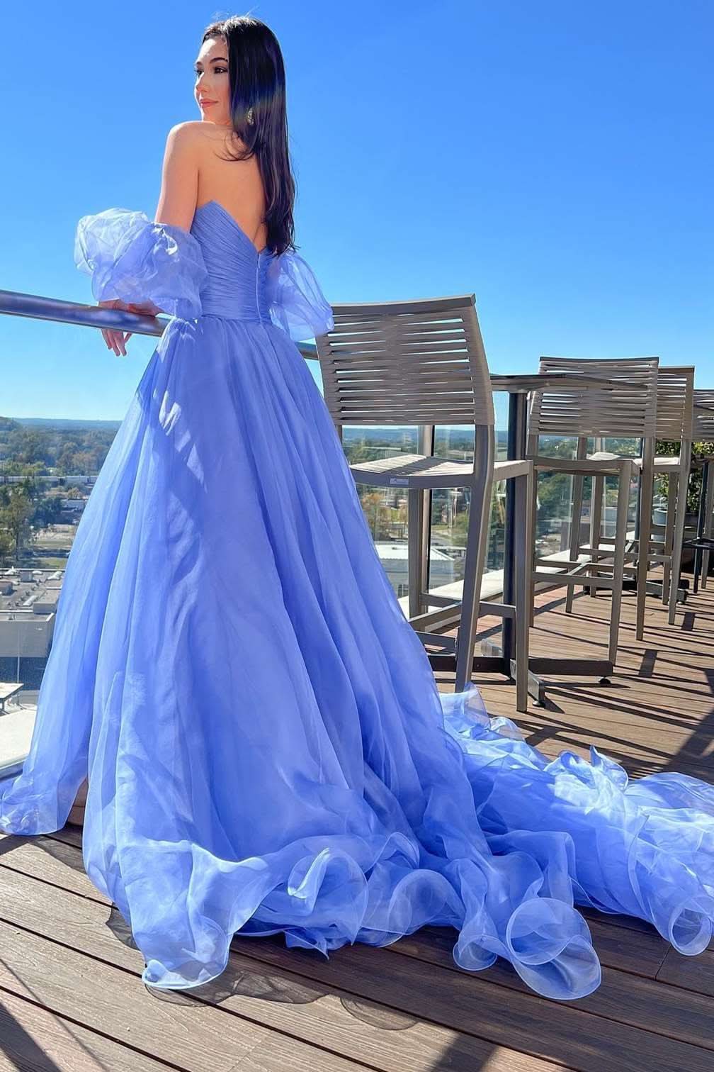 Soft Lavender Strapless A-Line Prom Dress with Puff Sleeves BM bride