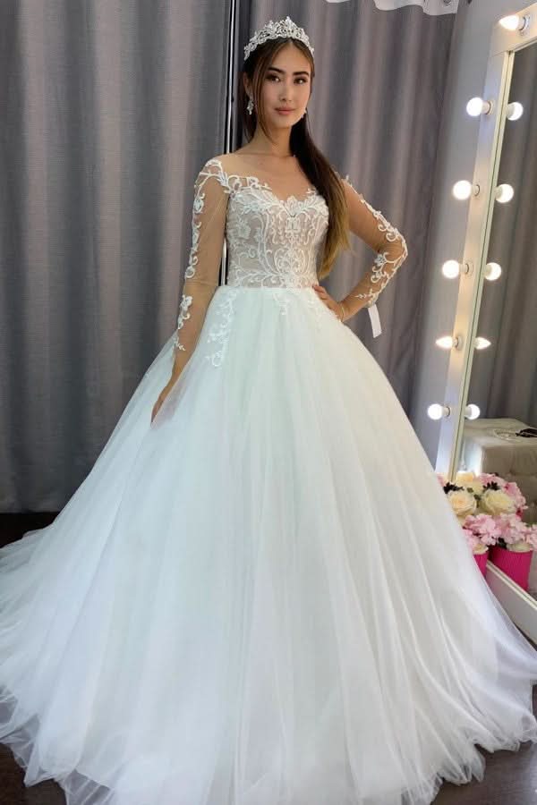 A-Line Tulle Long Sleeves Wedding Dress With Lace BM bride
