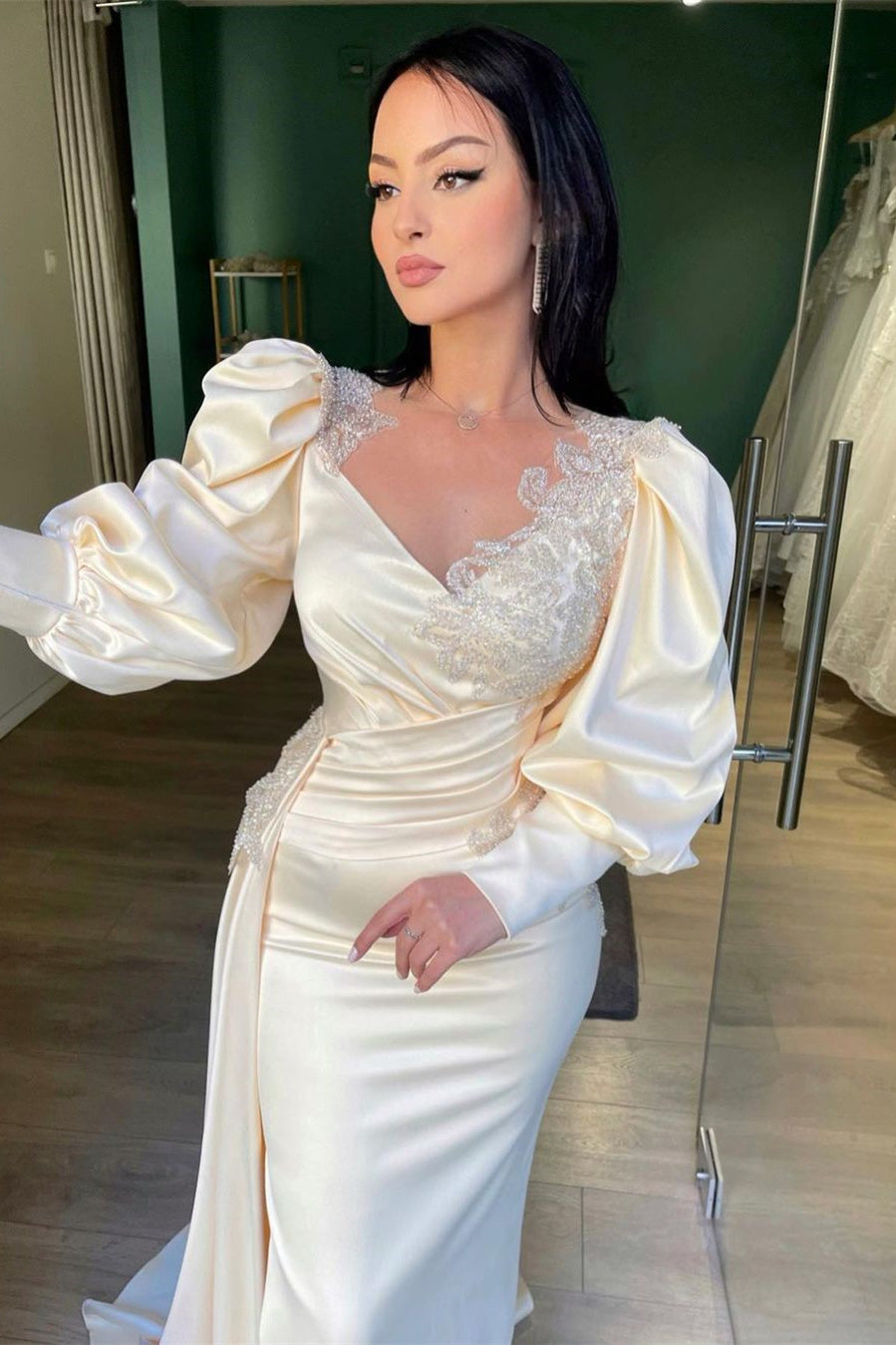 Long Puff Sleeves Pleated Mermaid Split Prom Dress With Appliques Ruffles