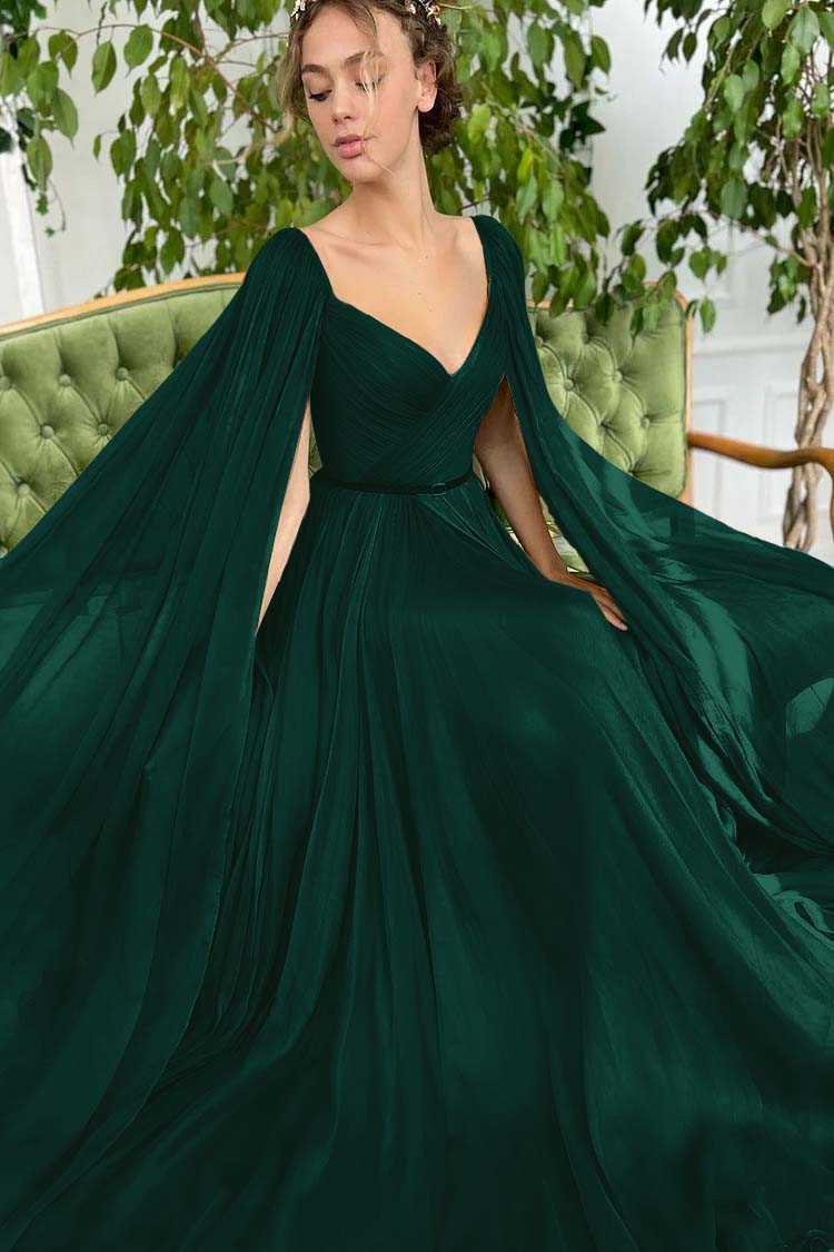 Elegant Green Long Sleeves Formal Belt Prom Dress Tulle With Split BMBRIDE