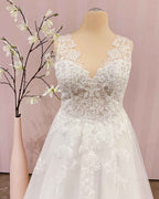 Sleeveless V-Neck A-Line Backless Wedding Dress with Lace Appliques BM bride