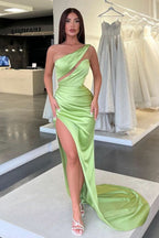 Light Green One-Shoulder Sleeveless Long Evening Dress with Slit BM bride