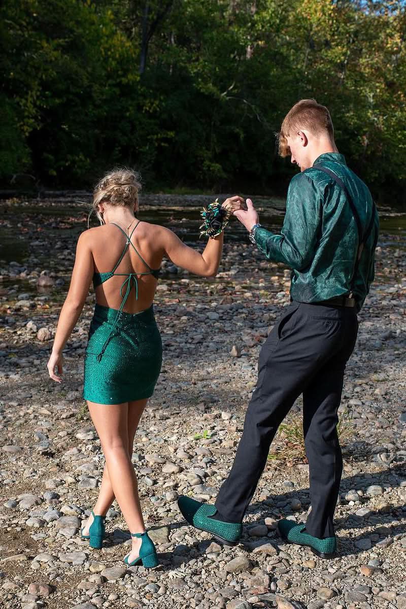 Dark Green Spaghetti Strap Short Homecoming Dress with Beading BM bride