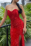 Red Sweetheart Long Mermaid Prom Dress with Sequins BM bride