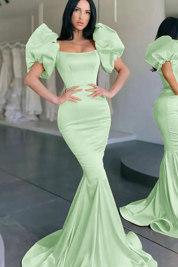 Yellow Square-Neck Bubble Sleeve Mermaid Long Prom Dress BM bride