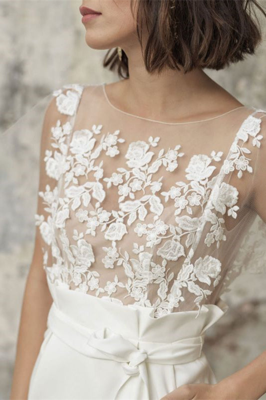 Bateau Neck Short Applique Wedding Dress with Belt and Pockets BM bride