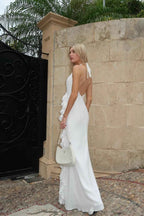 Halter Backless Sleeveless Split Long Prom Dress With Ruffles