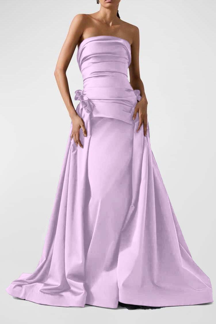 Strapless Backless Sleeveless Long A Line Prom Dress With Pleated BMBRIDE