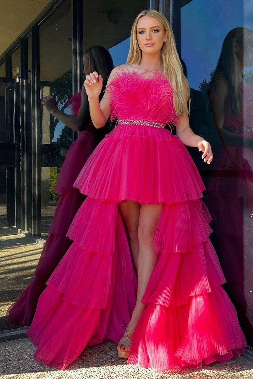 Captivating Fuchsia A-line High-Low Strapless Ruffled Tulle Prom Dress with Feathers BM bride