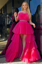 Captivating Fuchsia A-line High-Low Strapless Ruffled Tulle Prom Dress with Feathers BM bride
