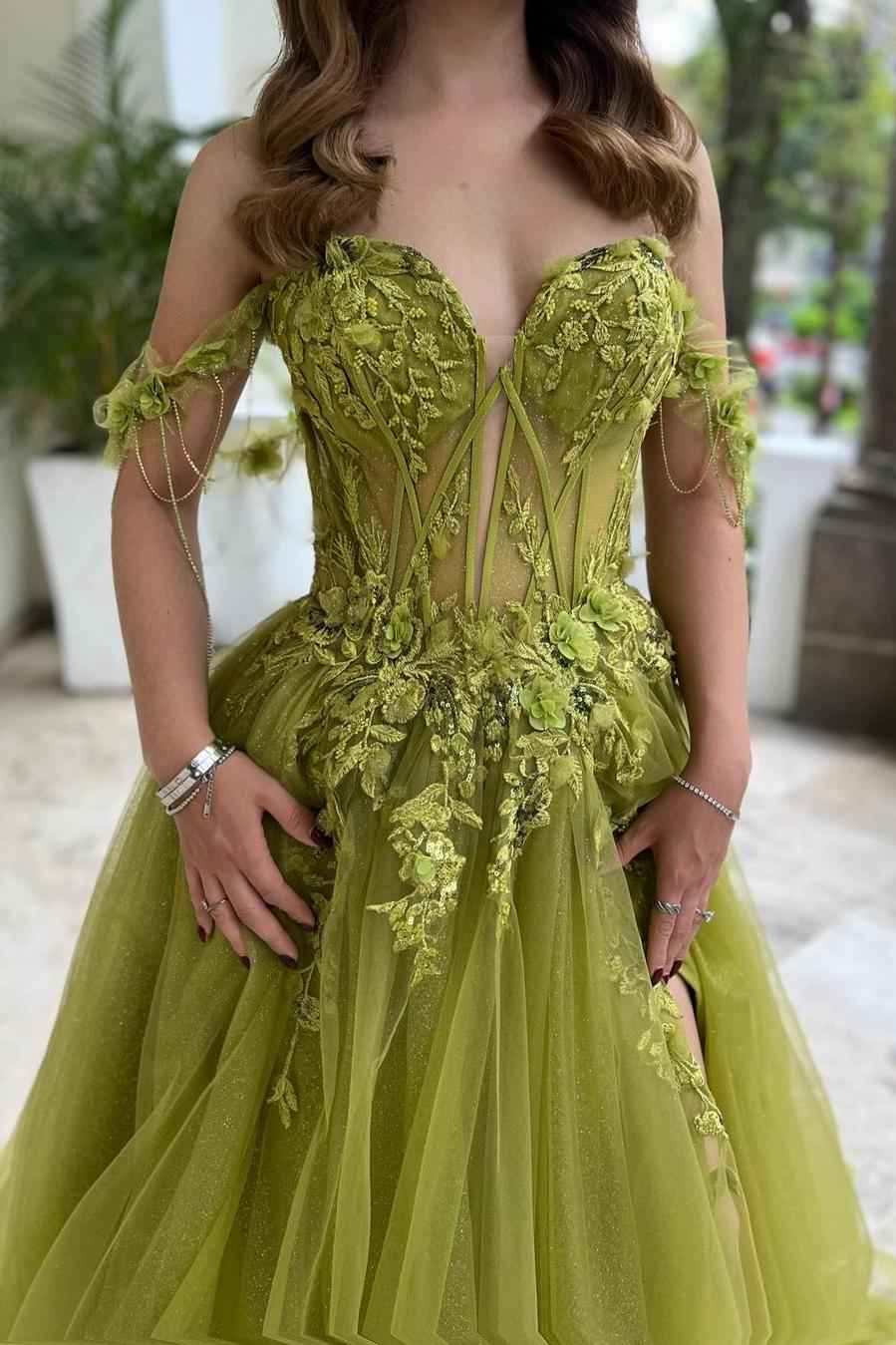Tulle Off the Shoulder Sweetheart Sleeveless Split Prom Dress With Appliques