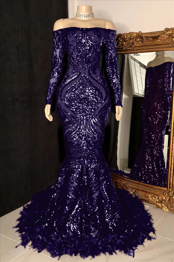 Long Sleeves Strapless Mermaid Prom Dress Sequins Burgundy With Feather BMBRIDE
