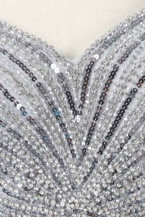 Hidaiss Luxury Sliver Mermaid Spaghetti Strap Prom Dress Split Sleeveless Feathers Beading