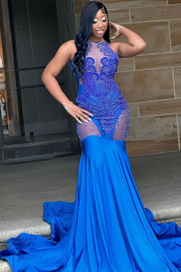 Royal Blue Long Sleeveless Evening Dress with Tulle Appliques and Beadings BM bride
