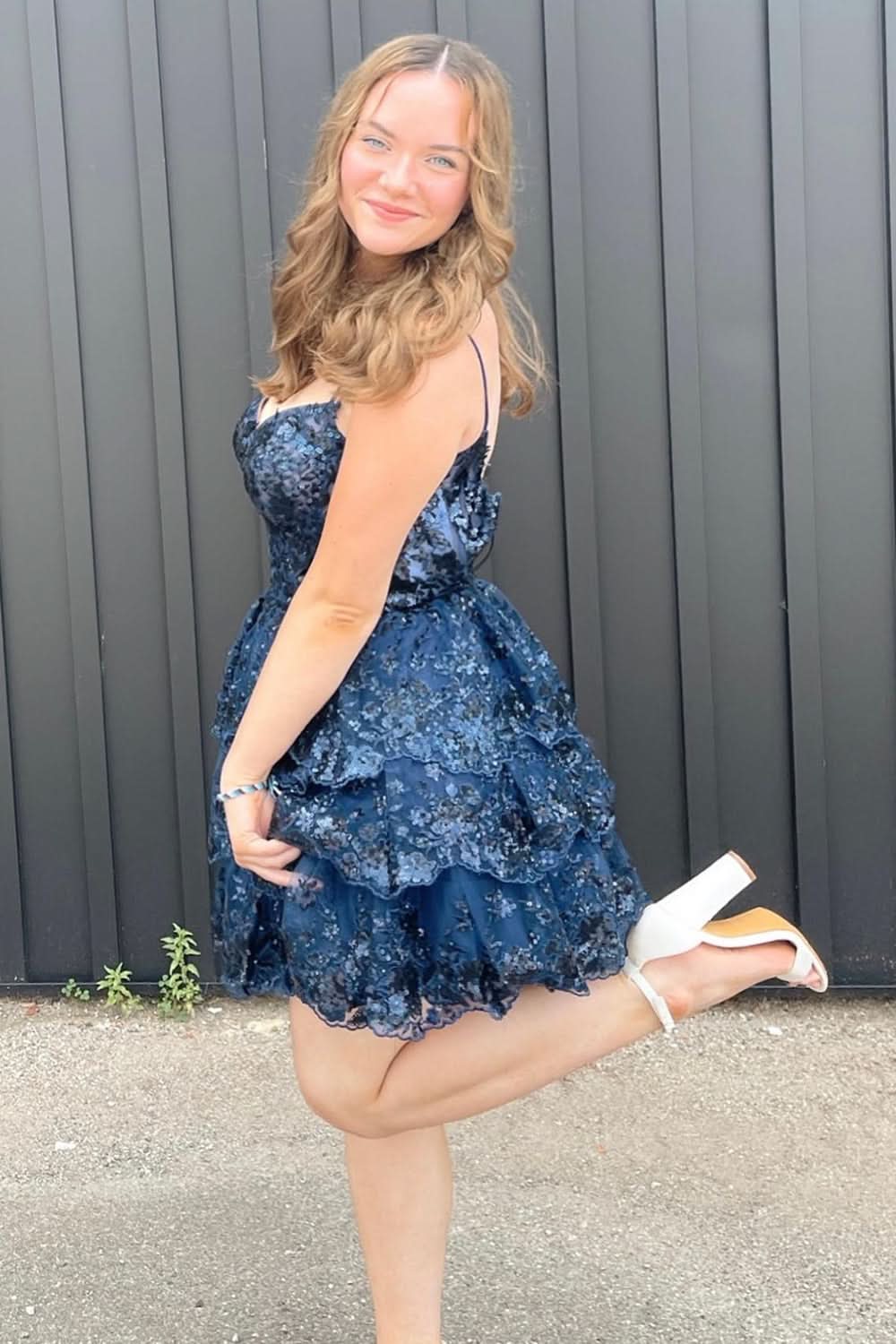 Sparkly Blue Corset Top Spaghetti Straps A-Line Lace Short Homecoming Dress