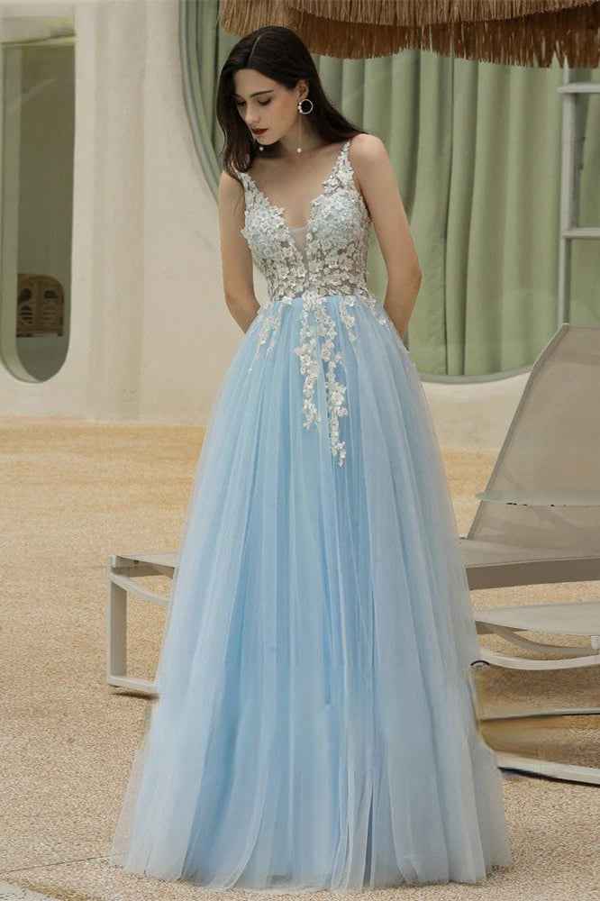 Sky Blue Spaghetti Strap V Neck Sweetheart Long Prom Dress With Appliques