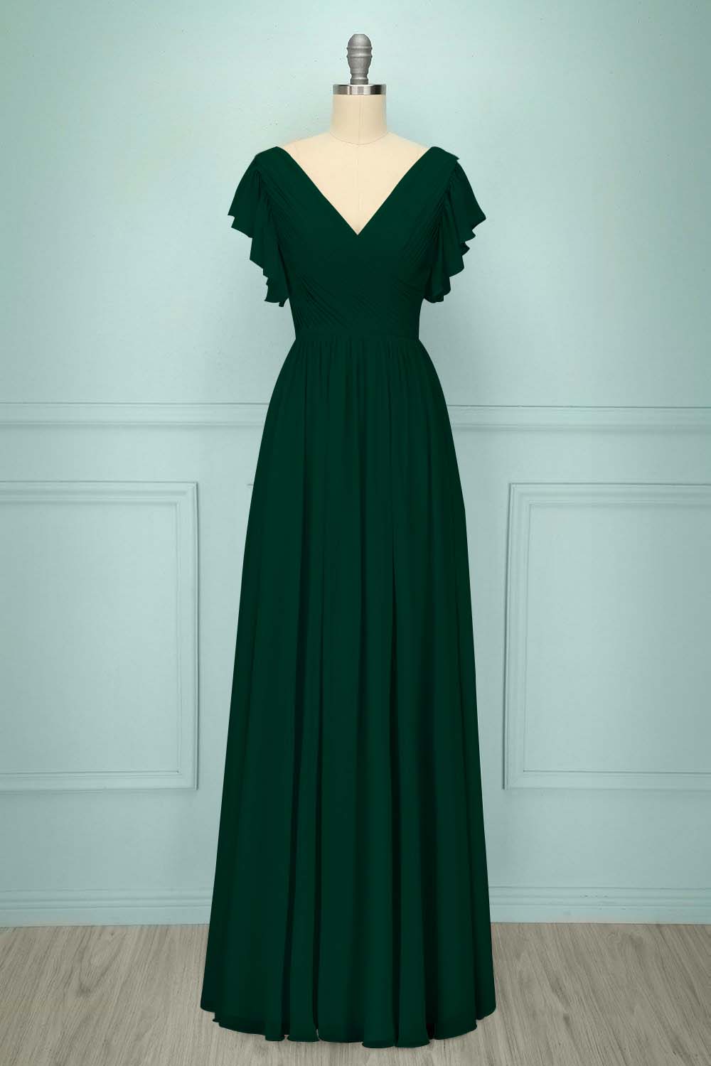 Chiffon V Neck Sleeveless Long Prom Dress With Pleated Ruffle