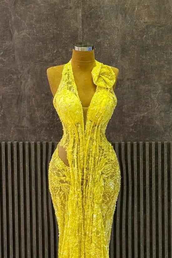 Yellow Lace Halter Neck Sleeveless Mermaid Long Prom Dress With Ruffles