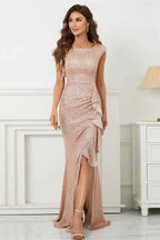 Mermaid Scoop Split Prom Dress With Cap Sleeves Ruffle On Sale