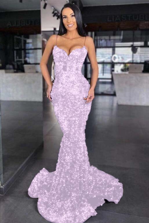 Sweetheart Royal Blue Spaghetti Strap Mermaid Long Prom Dress With Sequins BMBRIDE