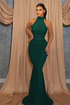 Online Sequined Sleeveless Halter Mermaid Evening Dress with Belt BM bride